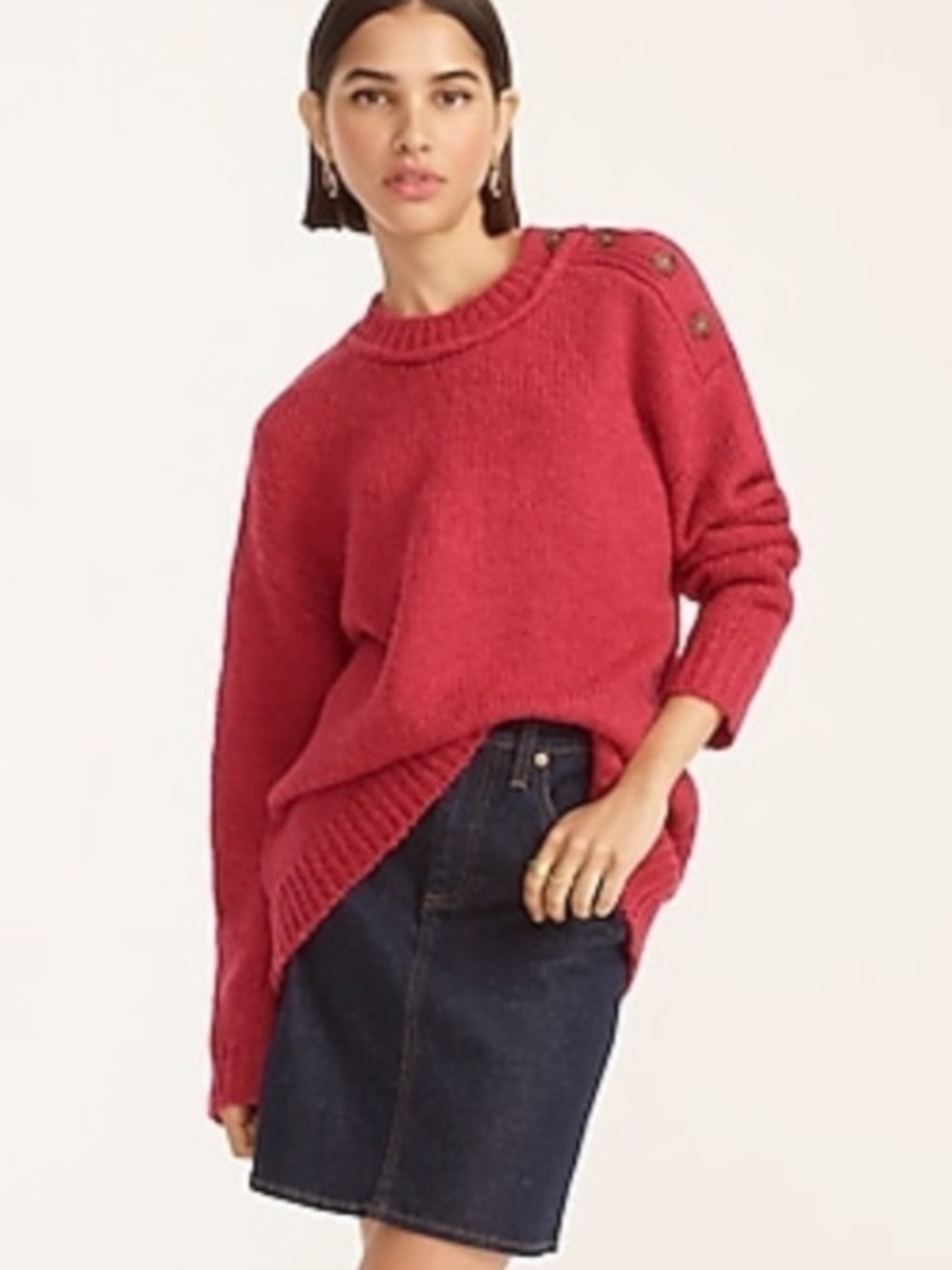 J Crew Button-Shoulder Crewneck Sweater Wool Alpaca Blend L Large Raspberry Pink